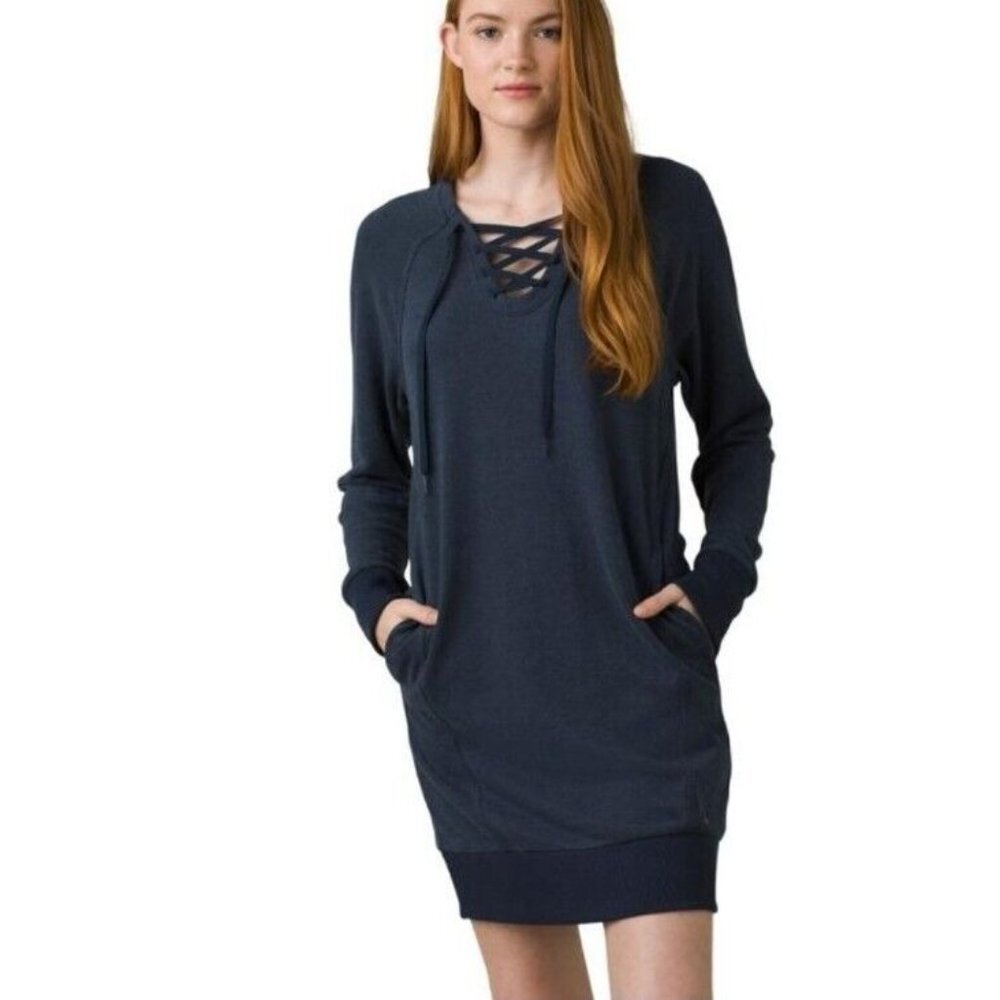 NEW prAna Cozy Up Terry Dress XS Blue Organic Hemp Pockets Sustainable Cozy Comf